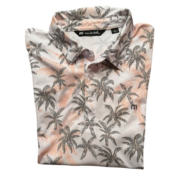 Travis Mathew Polo Shirt Men's Large All Over Palm Tree Print Gray Pale Orange - Picture 1 of 8